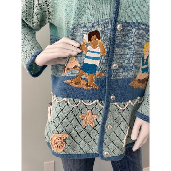 VTG Storybook Knits Button-Up Sea Sounds Sweater Cardigan Beach Scene Womens M - Picture 7 of 10